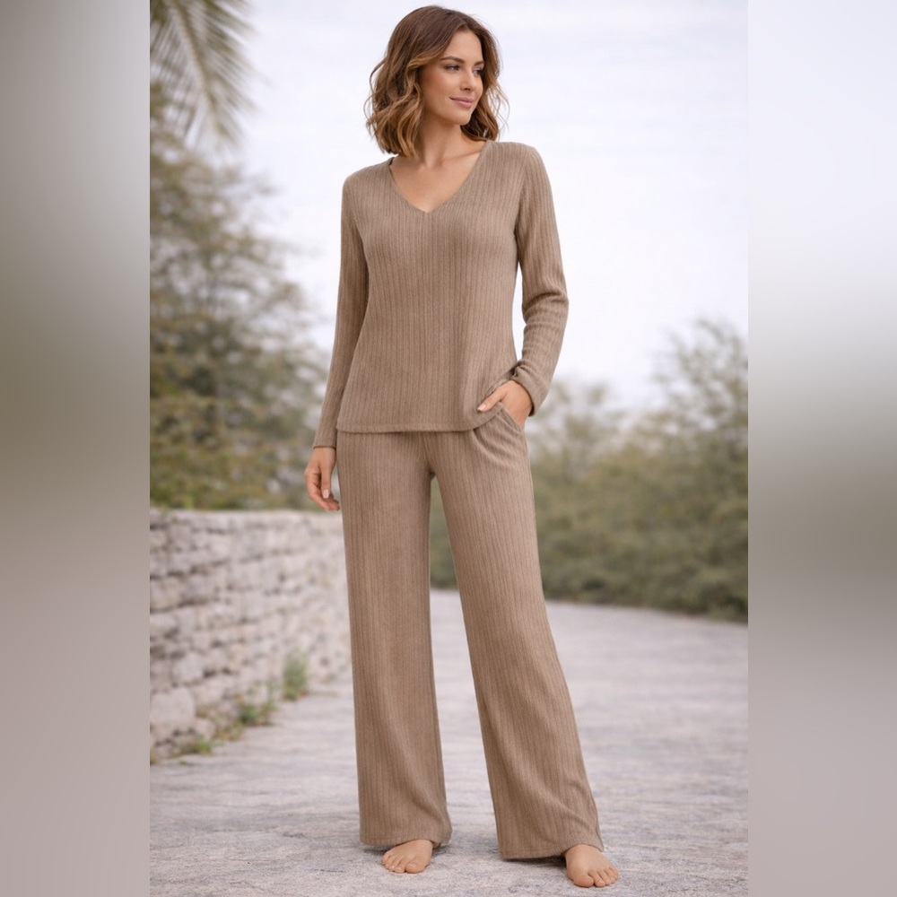Taupe Ribbed Knit Lounge Set | Soft 2-Piece Relaxed Fit